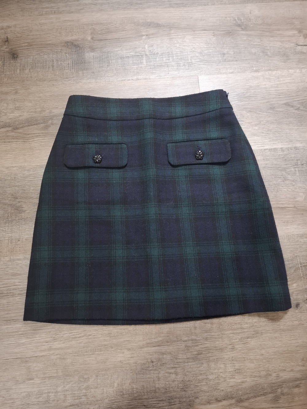 LOFT Navy Blue and Green Plaid Mini Skirt with Front Flap Pockets